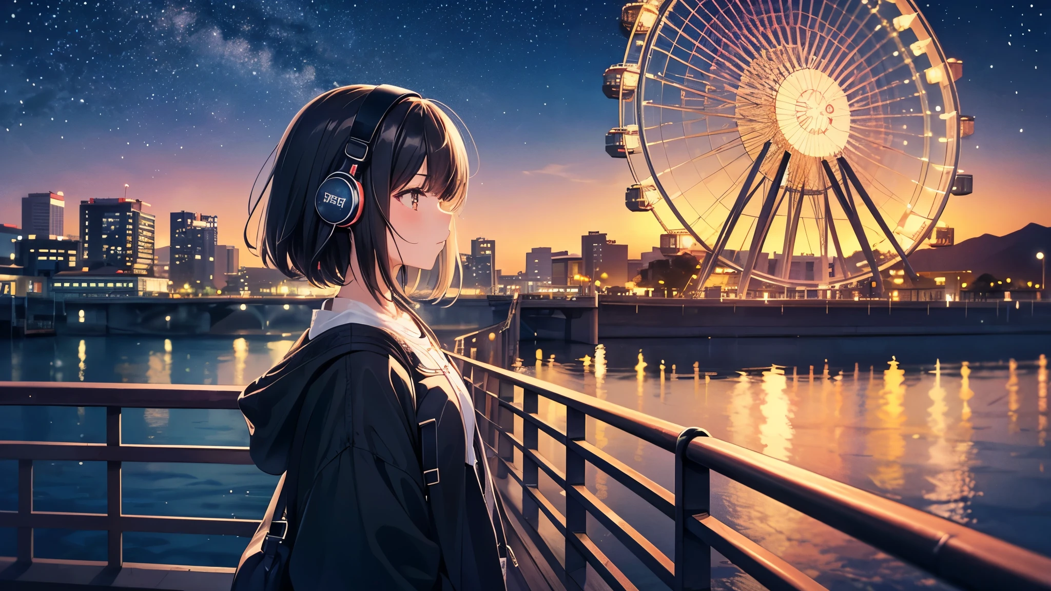 Standing in a place where you can see the Ferris wheel at Osaka Kaiyukan。A young girl with black hair wearing stylish clothes and headphones labeled "lo-fi"
The girl is shown in profile, gazing into the distance with a calm, relaxed expression
Background depicts the iconic scenery of Namba, Osaka at night, without any text on signs
A starry night sky adding to the peaceful atmosphere
Overall mood is quiet and serene, perfect for lo-fi music
Detailed hair rendering and careful attention to the girl's fashionable outfit
The entire scene should evoke a relaxing, introspective feeling associated with lo-fi music
