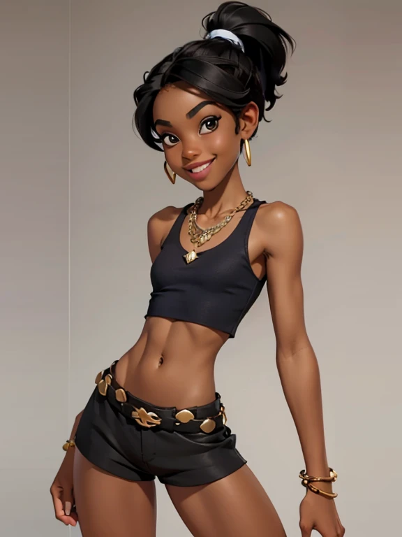 1 AFRICAN DESCENT girl, sfw,, ponytail, (thin body),((flat chest like a boy:1.2)), dark crop top and cotton shorts, bracelets, necklaces, posing, smiling