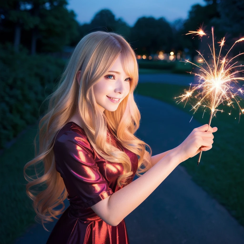 one girl, holding a sparkler in her hand, Blonde Hair, Belle Delphine, pretty girl, smile, Real life anime girls, Shiny Hair, red Shiny Hair, Flowing Hair, ピンクの炎と淡いBlonde Hair,Flowing Hair, short hair, side shot, park at midnight, dark atmosphere,