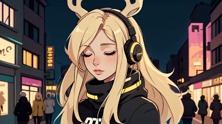 Street fashion girl,Headphones,LOFI Stylish,night,Beautiful blonde hair woman in her 20s,close your eyes, LOFI Girl,deer