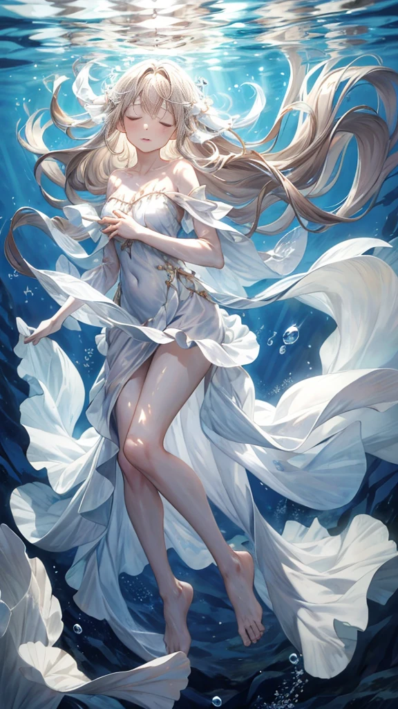 sleep, an artwork of a woman in white dress and flowing white hair under water, 1 girl, dress, Underwater, alone, Long Hair, close your eyes, Brown Hair, air bubble, barefoot, bubble