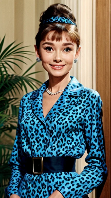 Audrey Hepburn dressed in blue leopard clothes and smiling