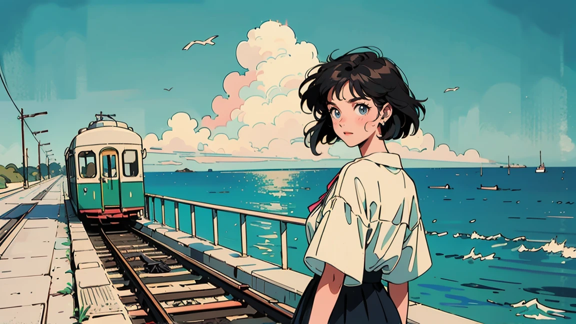 A coastal railway scene with a green and yellow tram stopped at a crossing. Blue sea and sky with white clouds in the background. Near the tracks, but safely behind a barrier, stands a 21-year-old girl in 1980s style. She's wearing white clothes that beautifully contrast with the blue sky, and has headphones on. The girl is looking back towards the viewer. The overall scene has a retro, nostalgic feel. The white of her outfit creates a striking visual contrast against the vibrant blue of the sky and sea.