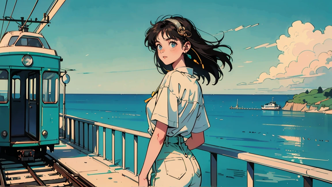 A coastal railway scene with a green and yellow tram stopped at a crossing. Blue sea and sky with white clouds in the background. Near the tracks, but safely behind a barrier, stands a 21-year-old girl in 1980s style. She's wearing white clothes that beautifully contrast with the blue sky, and has headphones on. The girl is looking back towards the viewer. The overall scene has a retro, nostalgic feel. The white of her outfit creates a striking visual contrast against the vibrant blue of the sky and sea.