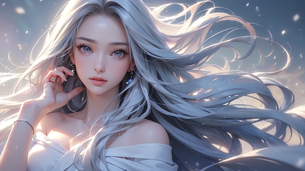((masterpiece:1.5、8k、Portraiture、フォトリアリスティックでVery detailedなCG、Very detailed、Particle Effects、Dynamic Effects、Shallow depth of field、Cinematic Light、Lens flare、Ray Tracing、Tabletop、Realistic:1.4、Ultra-high resolution:1.2、Realistic、Realistic))((alone、1 girl,A woman wearing a cashmere coat over an off-the-shoulder dress:1.4、Elegant woman posing、Look Up、Detailed face、bright表情、young, bright, Whiter skin、small breasts、Best Looks、Ultimate beauty、Shiny silver hair with highlights、bright and shiny hair,、Super long, Silky straight hair、Hair dancing in the wind))(morning、The setting is outdoors in the snow、Surrounded by illuminations)Wear warm clothes