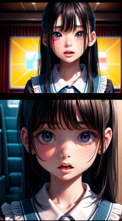 High resolution, Highest quality, super high quality, Very detailed, Cinema Lighting、living room、uniform、Embarrassing、Sweaty、Sweat、Eyes from below、Girl seen from the floor、Low Angle、 See through、Close ~ eyes、Open your mouth