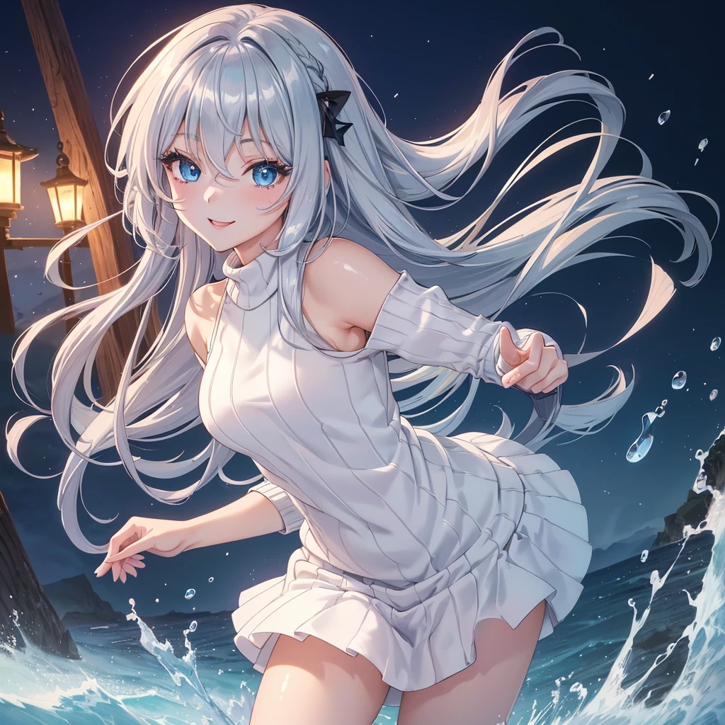 ((masterpiece, Highest quality, High resolution, 超High resolution, Pixel Perfect, Written boundary depth, 4K, RTTX10.0, High resolution))), 1 girl, single, alone, Beautiful Anime Girls, Beautiful art style, Anime characters, ((Long Hair, bangs, Silver Hair, Simple hairpin)), ((Blue Eyes:1.4, Round eyes, Beautiful eyelashes, Current Eyes)), ((Smooth texture:0.75, Anime CG style)), Mid-chest, ((Dynamic Angle, throw, close)), Perfect body, sweater, Expose your shoulders, Outdoor, wood, Written boundary depth, smile, Open your mouth,