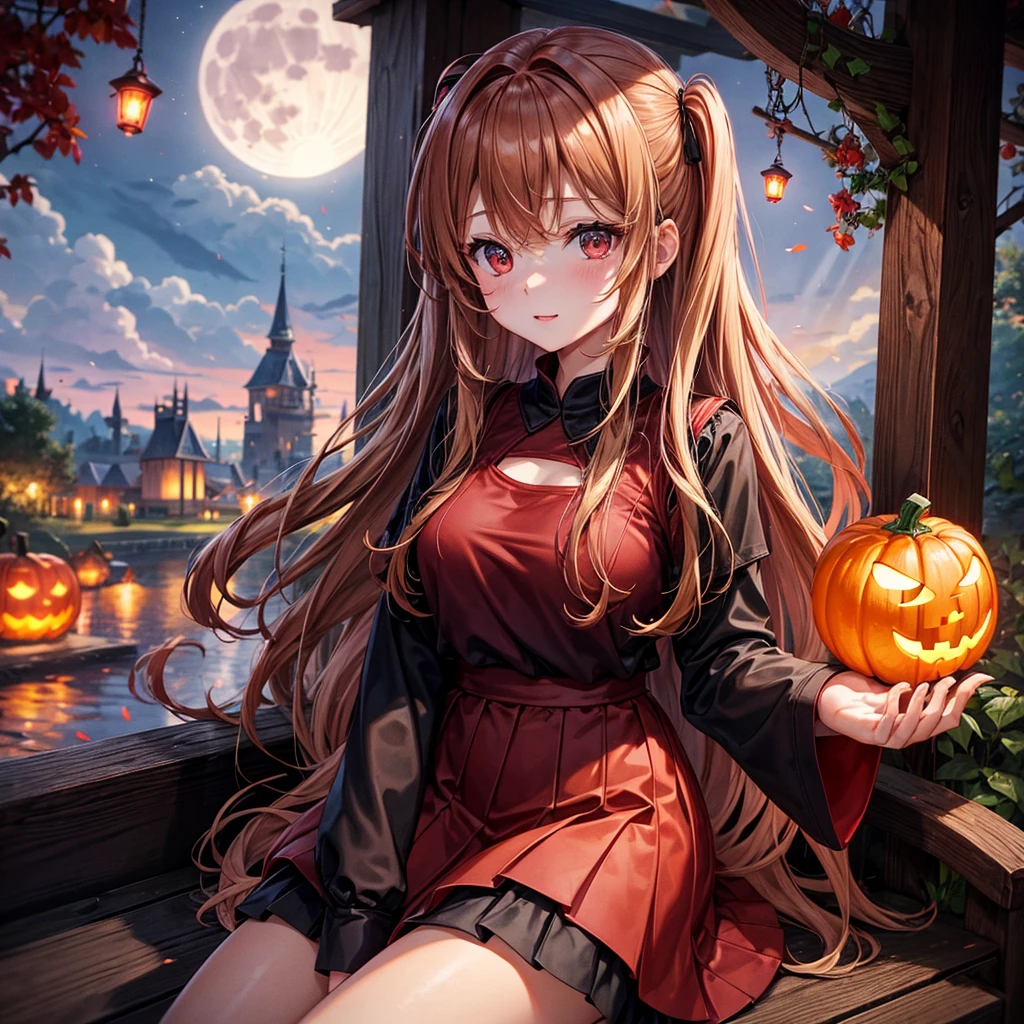 reddish brown blonde、Red eyes、One cute girl、solo、And soul、Light clothing、Checked mini skirt、petal、Wet hair、Sit on、black t-shirts、large tree、cloud、Red full moon、monster castle、Lantern in the shape of a pumpkin、Hell&#39;s Gate、armor、barefoot、Stones are piled up、Teeth are visible、Secret Treasure、Wooden chair、Moss grows、Fortress City、water is gushing out、Lightning strikes、Tilting face