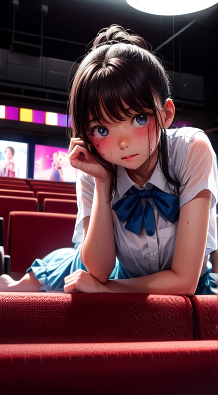 High resolution, Highest quality, super high quality, Very detailed, Cinema Lighting、living room、uniform、Embarrassing、Sweaty、Sweat、Eyes from below、Girl seen from the floor、Low Angle、 See through、whole body