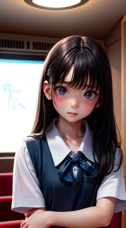 High resolution, Highest quality,  super high quality, Very detailed, Cinema Lighting、living room、uniform、Embarrassing、Sweaty、Sweat、Eyes from below、Girl seen from the floor、Low Angle、 See through、whole body