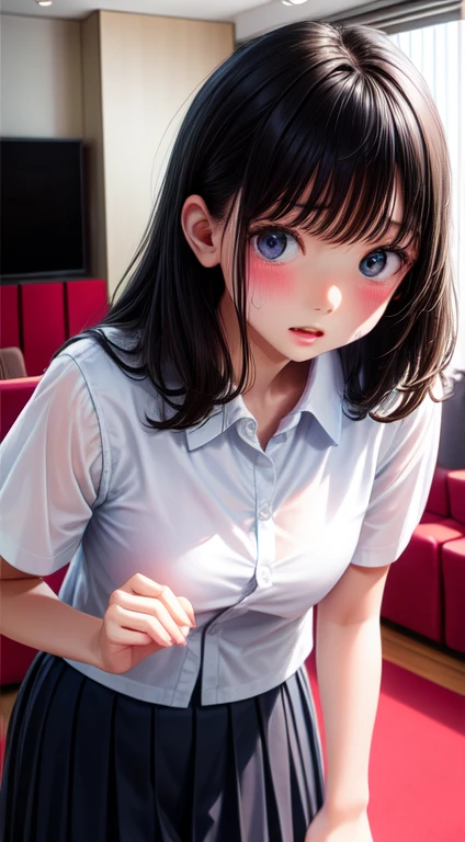 High resolution, Highest quality, super high quality, Very detailed, Cinema Lighting、living room、uniform、Embarrassing、Sweaty、Sweat、Eyes from below、Girl seen from the floor、Low Angle、 See through、whole body