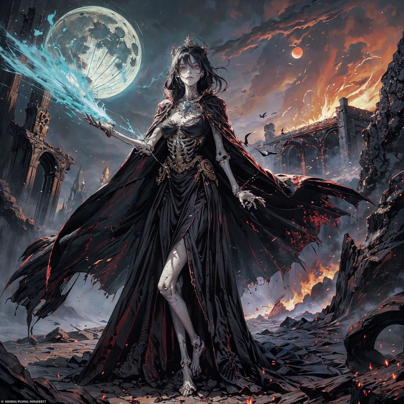 (full body:1.5), (wide shot:1.2), best quality, 4K, high resolution, (masterpiece:1.2), Very detailed, (actual:1.37), (anatomically correct:1.2), Mood lighting, A black hair young undead girl in a long cape, Whole body including hands & arms & legs & feet are all skeleton bones but except the head is still beautiful human face, Wearing a ragged gothic skirt, Shaded expression, Aloofness emotion, Dangerous sneer, beautiful but sorrowful smile, Black tears of blood flowed from eyes, lean on one side floating above ground, Facing the camera, Crucified, Pitch black sky, Blood-red moon, strange atmosphere, Gothic style, Unforgettable beauty, Dramatic shadows, Ethereal Light, Mysterious atmosphere, Necromancer, Dark Magic, Resurrection of the Dead, Resurrected zombies and skeletons roaming around, bone dragon, pathfinder: wrath of the righteous: lich myth path.