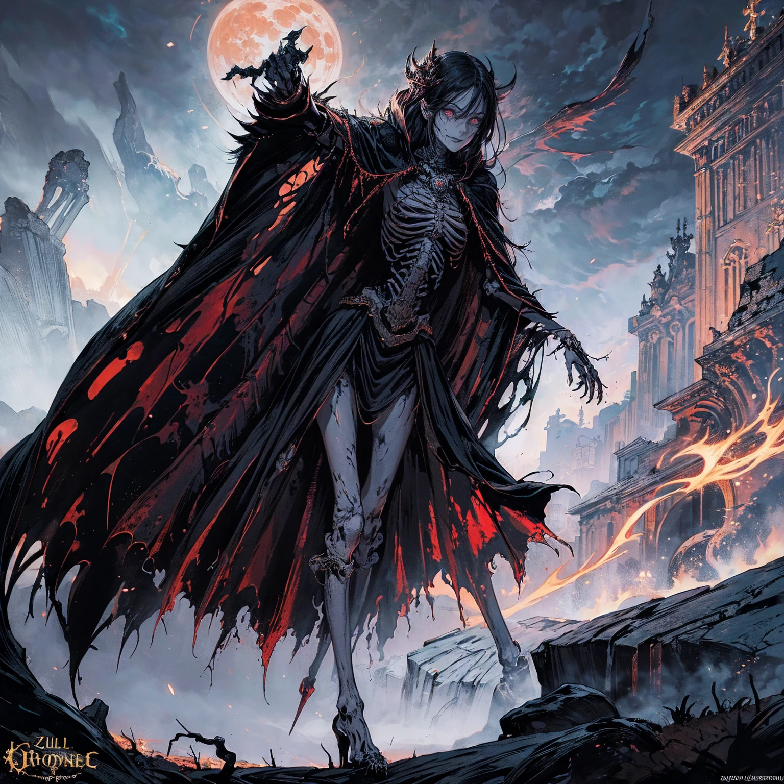 (full body:1.5), (wide shot:1.2), best quality, 4K, high resolution, (masterpiece:1.2), Very detailed, (actual:1.37), (anatomically correct:1.2), Mood lighting, A black hair young undead girl in a long cape, Whole body including hands & arms & legs & feet are all skeleton bones but except the head is still beautiful human face, Wearing a ragged gothic skirt, Shaded expression, Aloofness emotion, Dangerous sneer, beautiful but sorrowful smile, Black tears of blood flowed from eyes, lean on one side floating above ground, Facing the camera, Crucified, Pitch black sky, Blood-red moon, strange atmosphere, Gothic style, Unforgettable beauty, Dramatic shadows, Ethereal Light, Mysterious atmosphere, Necromancer, Dark Magic, Resurrection of the Dead, Resurrected zombies and skeletons roaming around, bone dragon, pathfinder: wrath of the righteous: lich myth path.