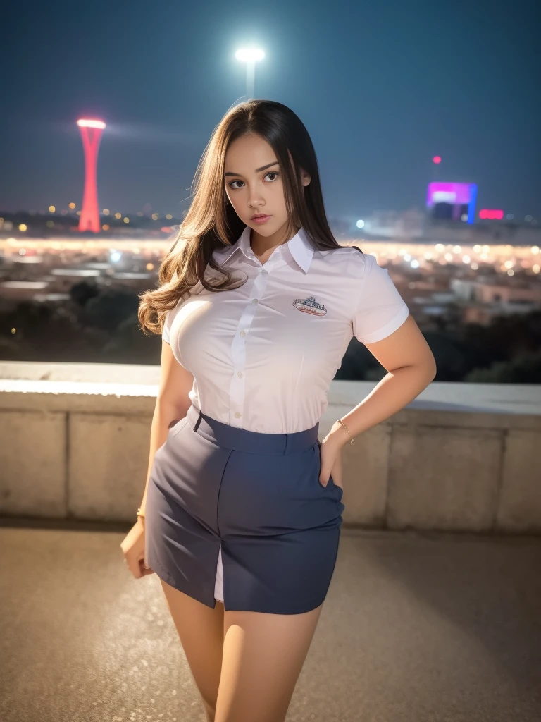 (Thai-American women),(Carl outward hair:1.3),(huge breasts:1.6),(Flight attendant Uniform:1.8),(short skirt),
(slim waist:1.4),(smile:1.3),(nightclub in the background:1.5),(cowboy shot:1.5),