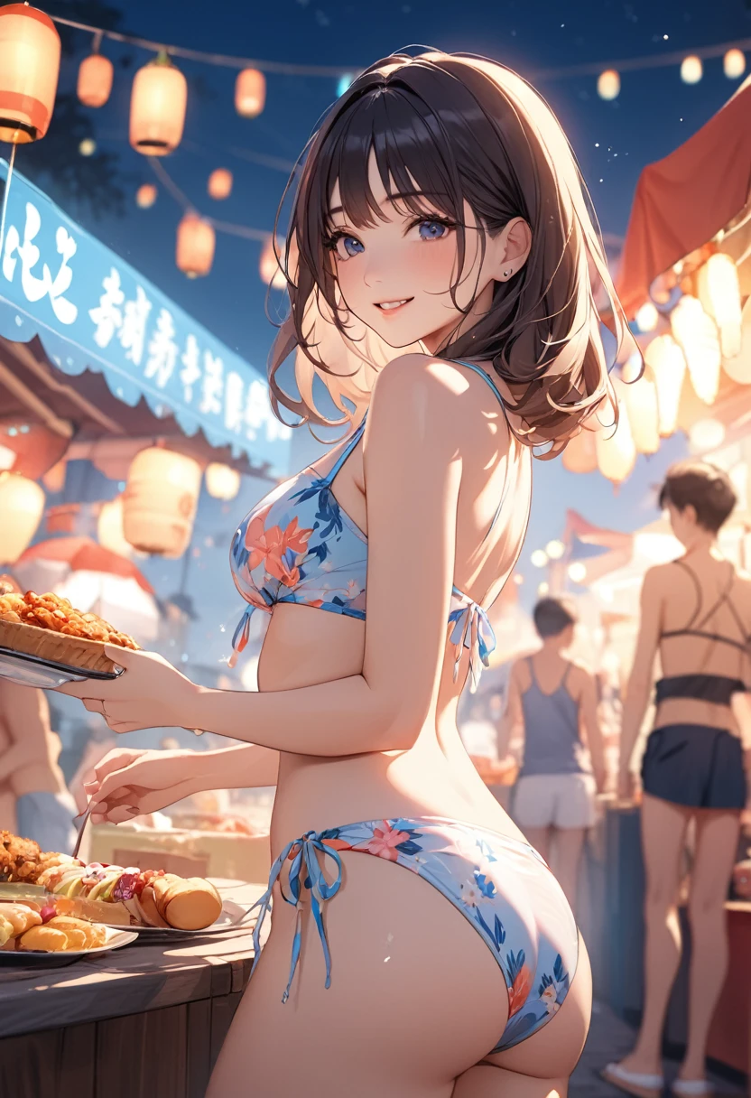 (masterpiece:1.5),(Beat quality),(high res),1girl solo,beautiful face,smile,light effects,swimwear women,Night summer festival food stalls