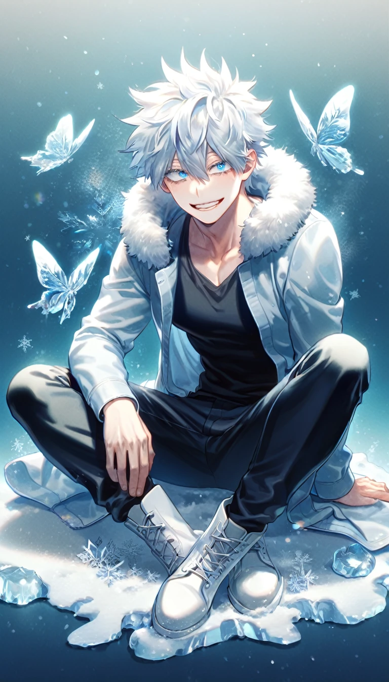 absurdres, highres, ultra detailed, HDR, master piece, best quality, extremely detailed face, delicated features, Gojou Satoru, white hair, messy hair, hair between the eyes, expressive blue eyes, white eyelashes, Boku No Hero Academia, solo, sexy man sitting, handsome, smiling, light-blue jacket with fur, black shirt, black pants, white boots, full body, fantasy, magical, ice, snow, ice butterflies, snowflakes, ice flowers, ice background