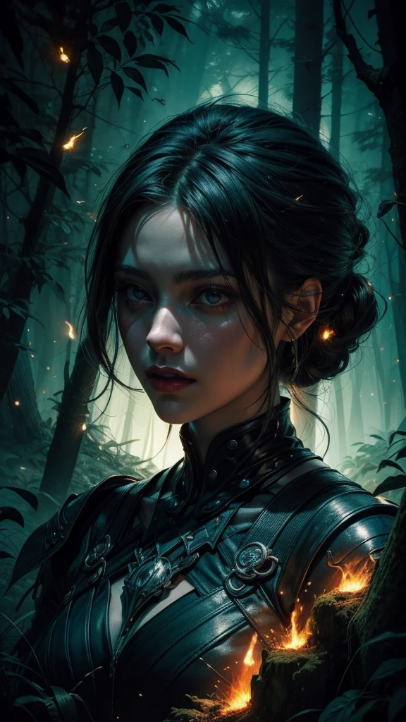 An abstract portrait of a woman's face with clearly visible features, painted to combine colors perfectly. Within her silhouette, a landscape of a night forest with fireflies creates an ethereal effect. The background is a mix of deep blues, purples, and touches of red, green, and yellow, creating a dynamic environment. The artwork is intense and evocative. Created Using: oil and acrylic paint, dark fantasy style, vibrant color palette, dynamic strokes, cinematic look, 3D render, ethereal lighting, hd quality, natural look., photo, illustration, painting