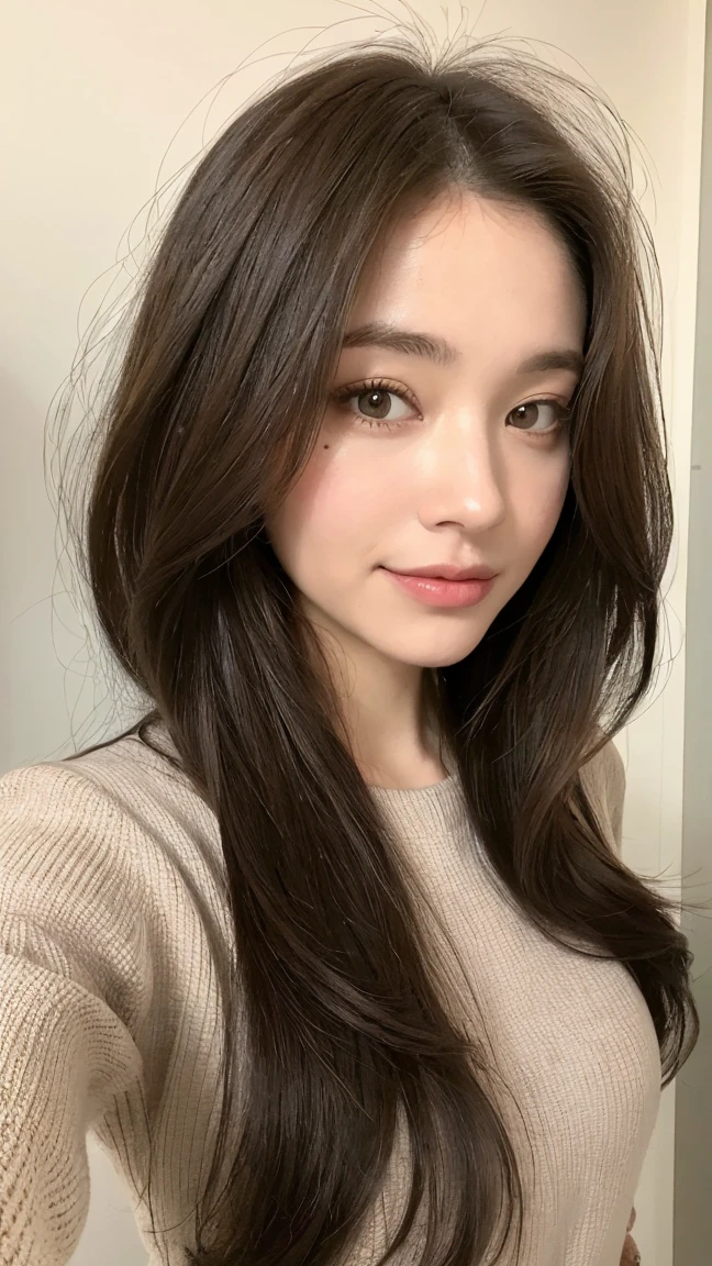 Femme de type caucasienne de 22 ans, face caméra, cheveux noirs, sourcil marqué, un petit grain de beauté au menton, incroyablement belle, sourire séduisant, yeux bruns, aussi naturelle que possible, Sa taille est fine. Elle est dans des toilettes, avec un arrière-plan lumineux et réaliste. La photo est très détaillée et réaliste, montrant la texture naturelle de sa peau avec des pores détaillés et des effets d’éclairage naturel. Elle a des cheveux bruns, pas de grains de beauté sur le corps, des cernes