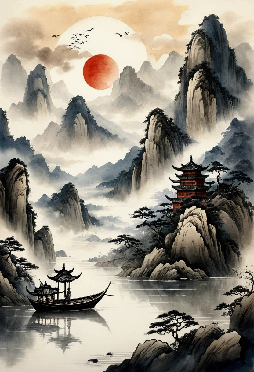 In Chinese landscape painting、Use ink and watercolor styles、We produce it by adding ink on the screen、Depicting detailed scenery from far to ultra-wide angles.。A light boat is floating in the distance、Meticulous attention to detail tarnished、Desaturated and low-contrast tones are beautifully rendered。A light boat sails through thousands of mountains、This is a masterpiece,Beautiful details,precise。This work is T's masterpiece、"Amaterasu Omikami"It will also produce the following elements。