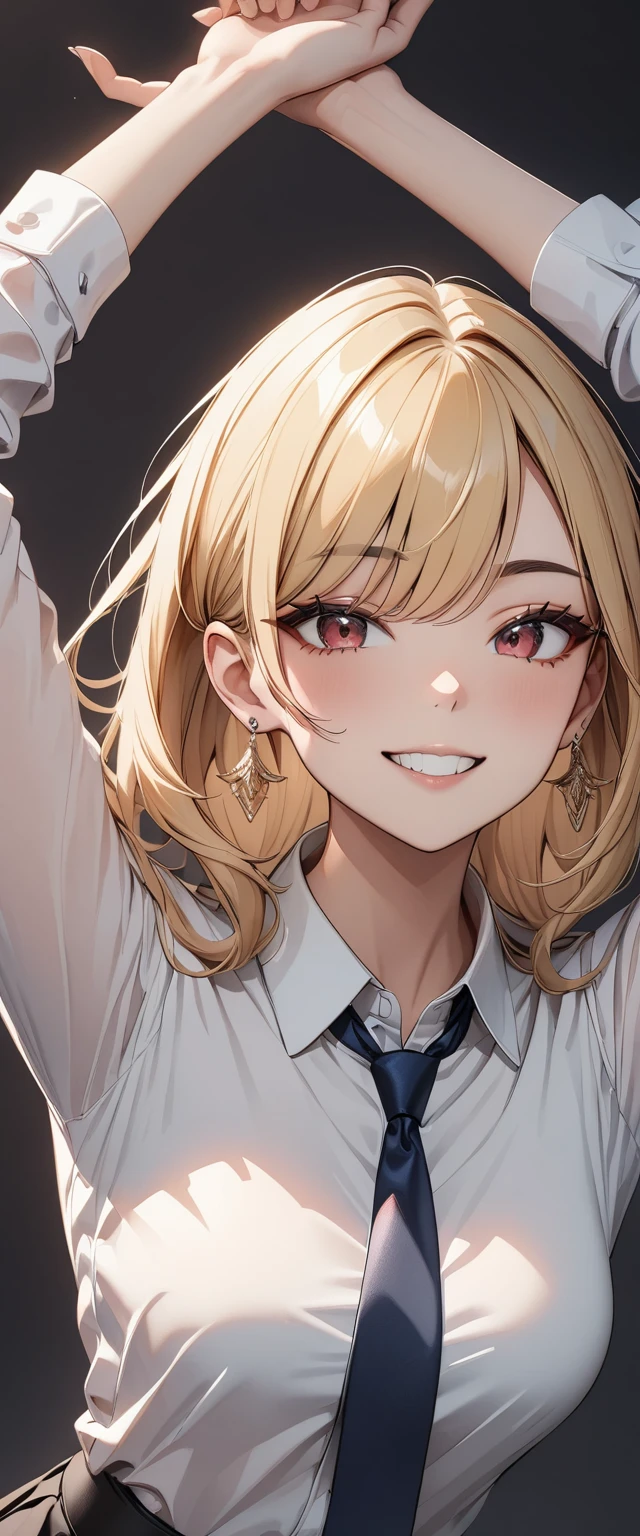 (masterpiece, Highest quality, invery aesthetic, Super detailed), Intricate details,
One girl, Blonde, Red eyes, Collared shirt, White shirt, Earrings, Blue tie, Grin, Raise your arms, in, looking at viewer, Upper Body,