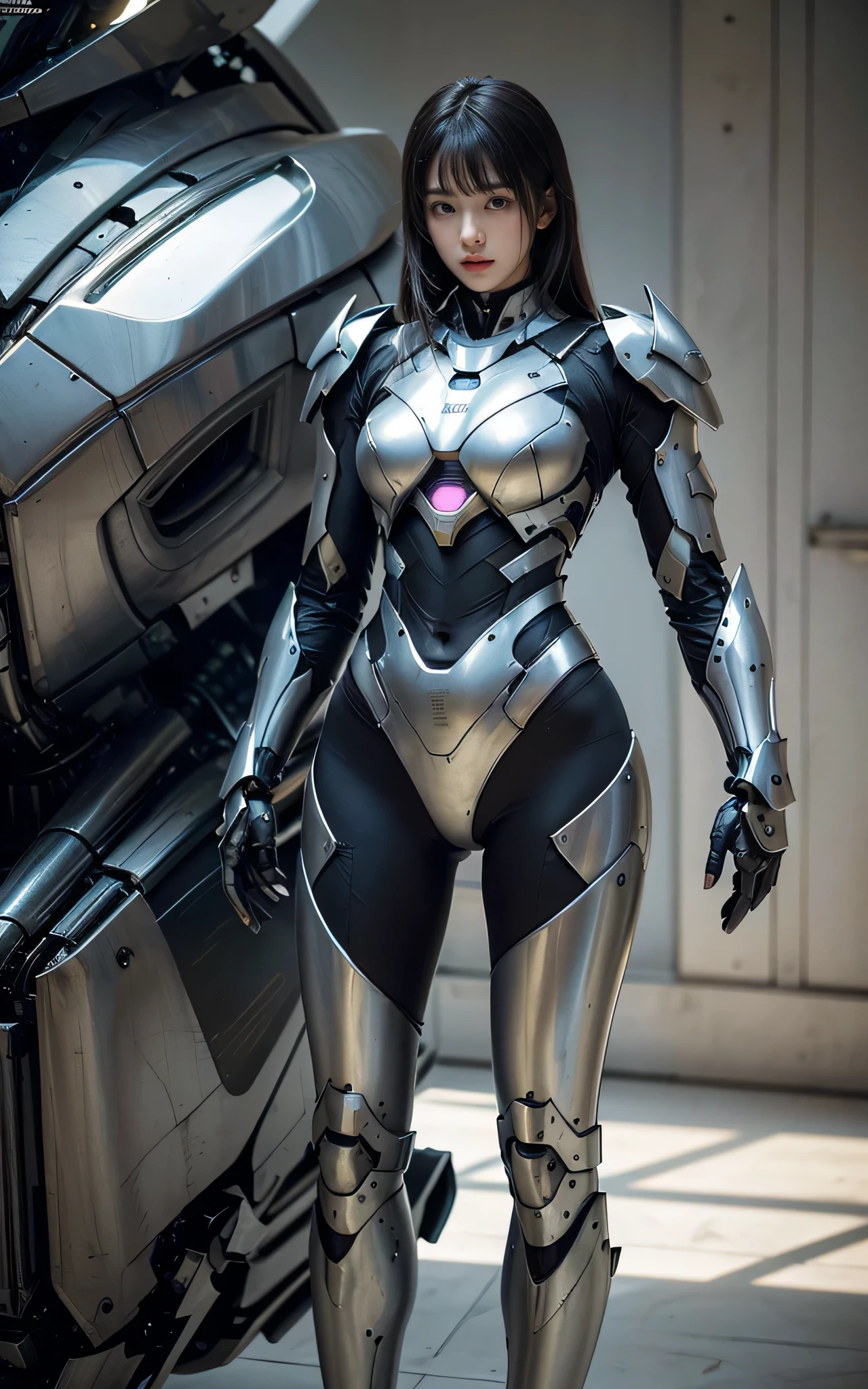 (masterpiece), (best quality), 8K ultra-high resolution, High-resolution details, 1 Girl, Solitary, beautiful girl, girl in Mechanical armor, Sci-fi cool armor, Extremely detailed armor, Futuristic, Surface light, Hard Lighting, Cool pose, Mecha, Mechanical, Standing, whole body, Sexy
