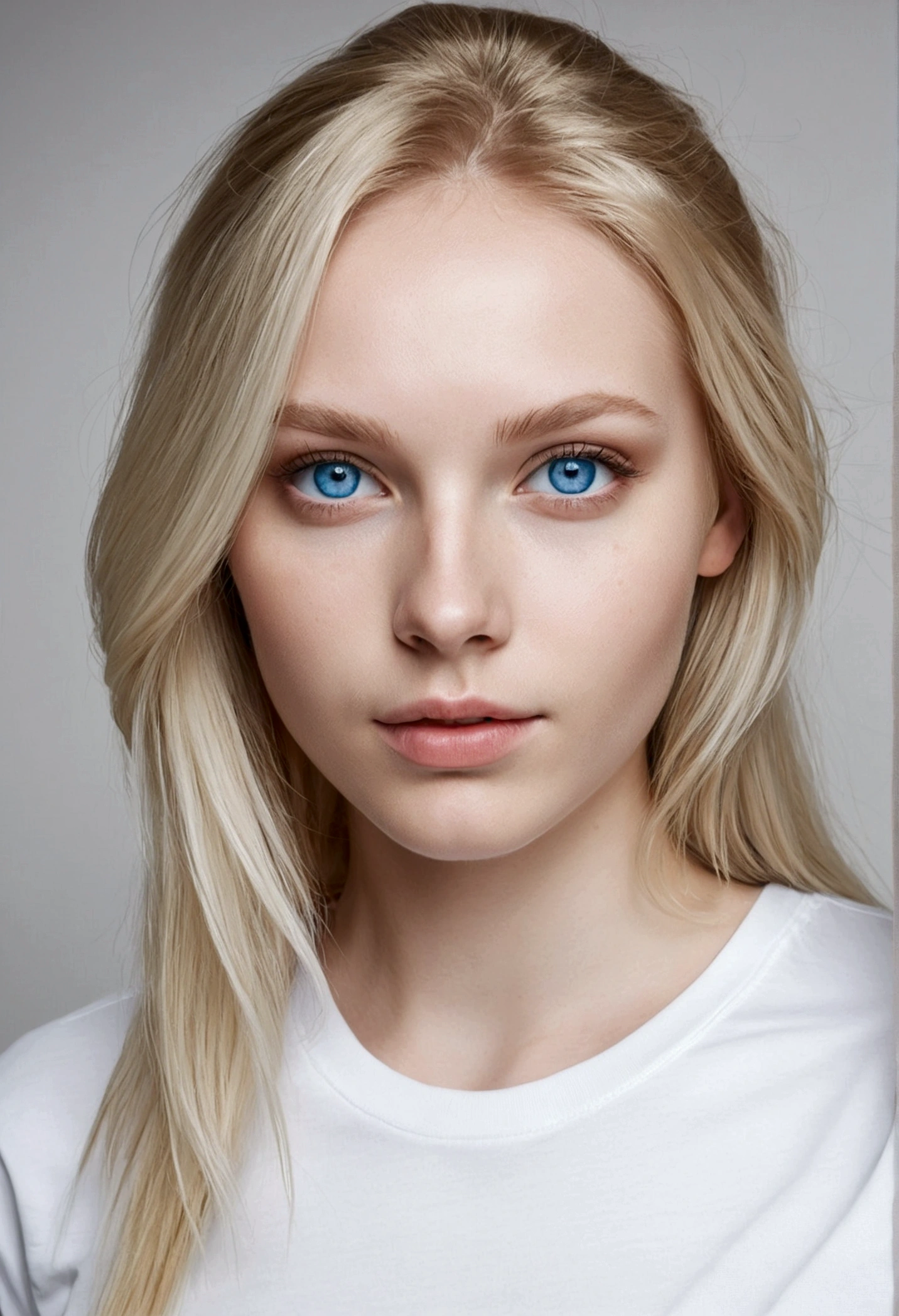 blonde blue eyed beautiful girl white skinned girl wearing a white t-shirt