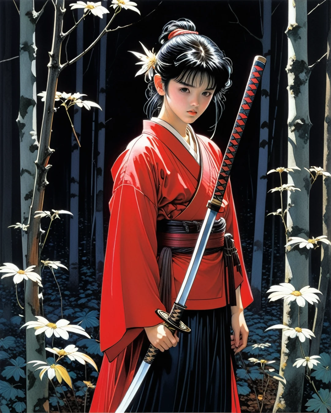Art style by Hajime Sorayama, Art style by Hiroshi Nagai, (Masterpiece, Top Quality, Super Detail, High Resolution, Best Illustration), 1990s (style), 1980s (style), retro art style, Highest image quality, (Masterpiece, top quality, super detail, high resolution, best illustration), vintage, 1990s \(style\), dynamic angle,  score_9, score_8_up, score_7_up, score_6_up, (ethereal dark fairy tale by Nicola Samori, JC Leyendecker), sad young anime girl, 12yo, white face, standing in a dark forest, ((holding a bloody katana)), dark red kimono, chrysanthemum floral décoration, dark forest, (dark + gothic, + foreboding background:1.4)