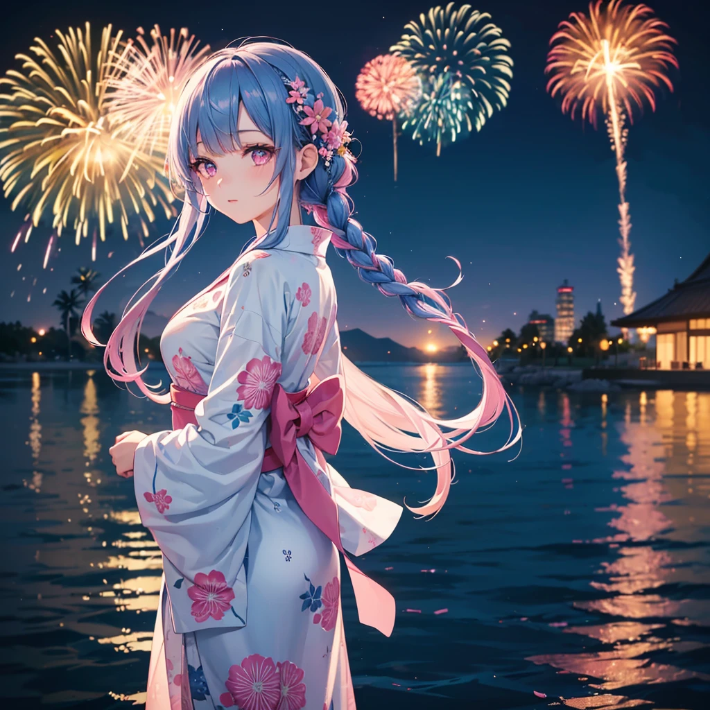 Sky Blue Medium Hair, (Braided hair),(Pink Eyes),Fair skin ,(whole body),(1 girl)、Floral Yukata、summer night、Fireworks on the lake、Big fireworks、Straight bangs,(masterpiece, Highest quality, Very detailed, Best Shadow), (Detailed Background), (Beautifully detailed face), High Contrast, (Best lighting, Very delicate and beautiful), ((Cinematic Light)), colorful, Hyper Detail 8k, Dramatic Light, Intricate details,Fireworks light reflected on the water