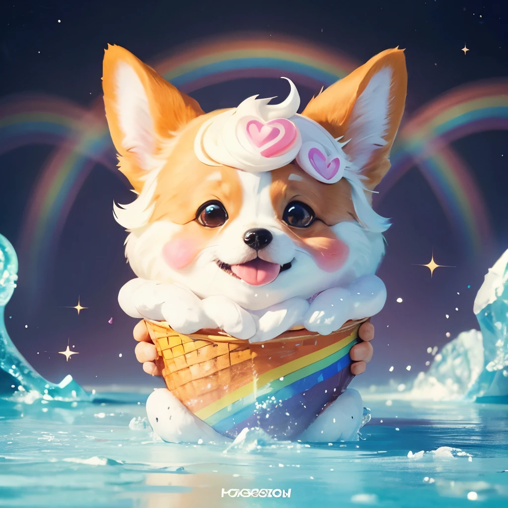 A cute Corgi dog is smiling and holding a cute Rainbow with a heart in its mouth in a psychedelic ancient ruins  ice cream ice cream