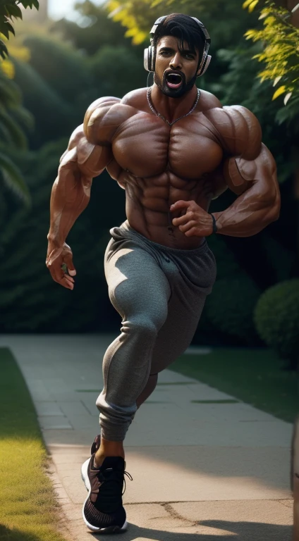 An award-winning original photo, Pain is raging on the face, screaming with pain and making aggressive face expressions, the head is tilted back A wild handsome muscular indian man,( 20 years old:1.3), 1boy, Solo, (), (bulge joggers with running shoes), running in garden, full body head to toe view, from side view, black hair, (big shoulders), musculature, stubbles, beard, headphones, Beautiful eyes:1.3, ), (Detailed face:1.3), dimples, (holded penis), Dynamic front Angle view, volumetric lighting, (Best quality, A high resolution, Photorealistic), Cinematic lighting, Masterpiece, RAW photo, Intricate details, hdr, depth of field, upper body, His perfect huge bulge,masterpieces