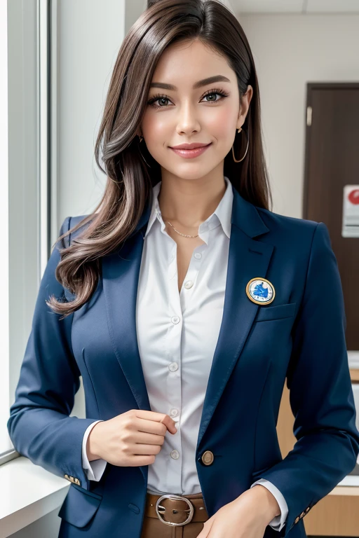 I want a human character for a bank to guide the customer journey Brazilian characteristics and executive clothing that is not sensual with the Daycoval bank logo, you can put a blazer in the background with blue and white colors,