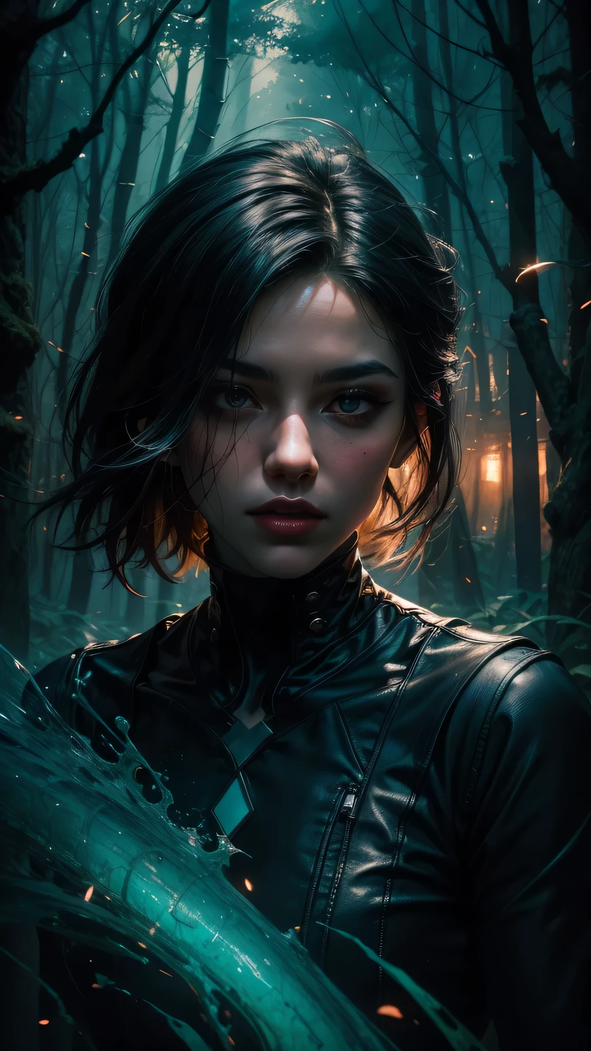 An abstract portrait of a woman's face with clearly visible features, painted to combine colors perfectly. Within her silhouette, a landscape of a night forest with fireflies creates an ethereal effect. The background is a mix of deep blues, purples, and touches of red, green, and yellow, creating a dynamic environment. The artwork is intense and evocative. Created Using: oil and acrylic paint, dark fantasy style, vibrant color palette, dynamic strokes, cinematic look, 3D render, ethereal lighting, hd quality, natural look., photo, illustration, painting