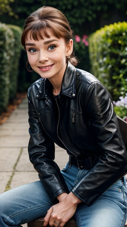 Audrey Hepburn dressed in leather jacket and jeans and smiling
