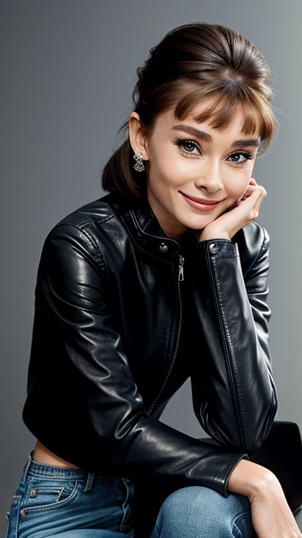 Audrey Hepburn dressed in leather jacket and jeans and smiling