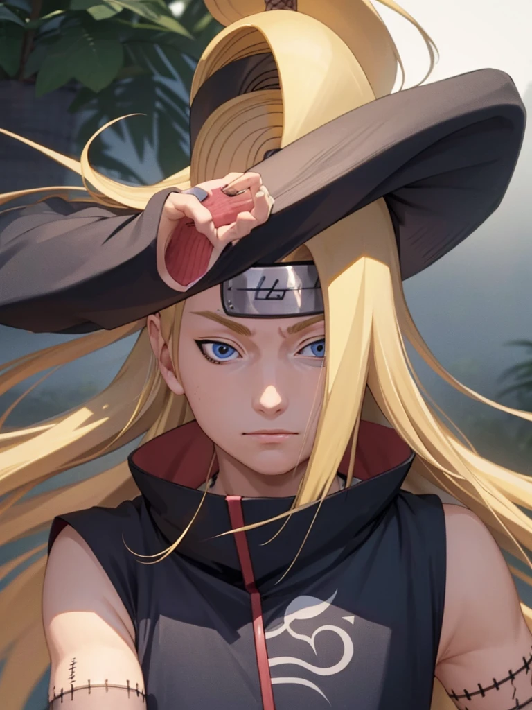 Deidara. Long hair blonde man. high collection average. Long left side bangs. deep blue eyes.

Ino Yamanaka. Light blonde woman. Long hair. a high ponytail. Long right side fringe. light blue eyes.

kiss