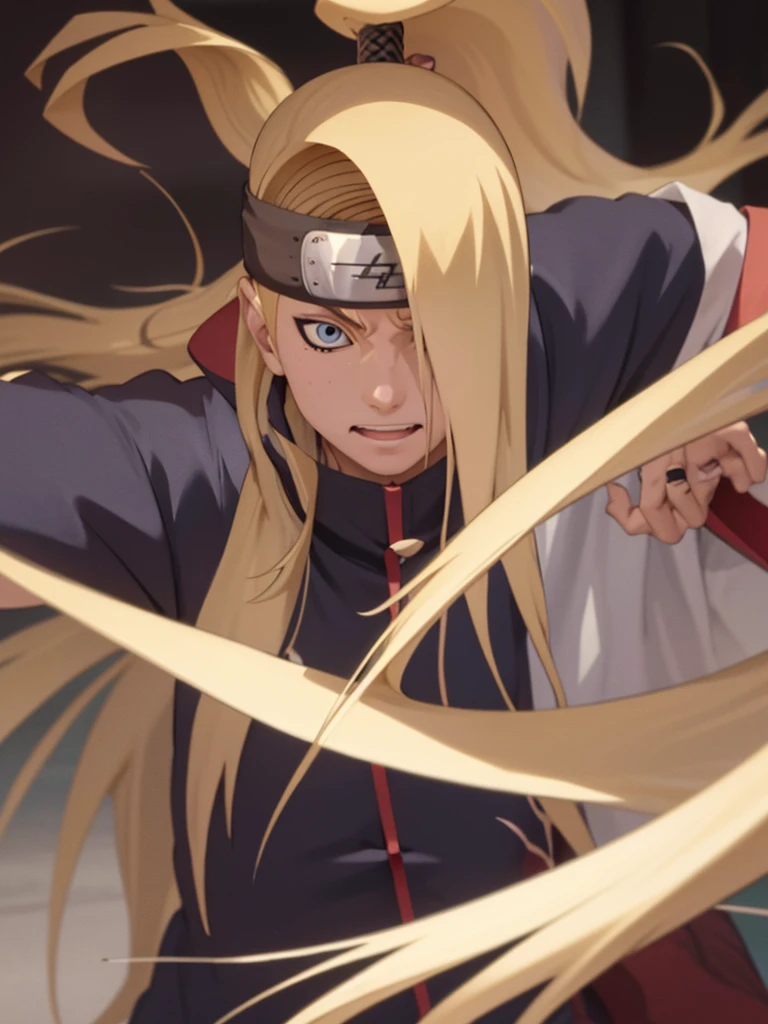 Deidara. Long hair blonde man. high collection average. Long left side bangs. deep blue eyes.

Ino Yamanaka. Light blonde woman. Long hair. a high ponytail. Long right side fringe. light blue eyes.

kiss