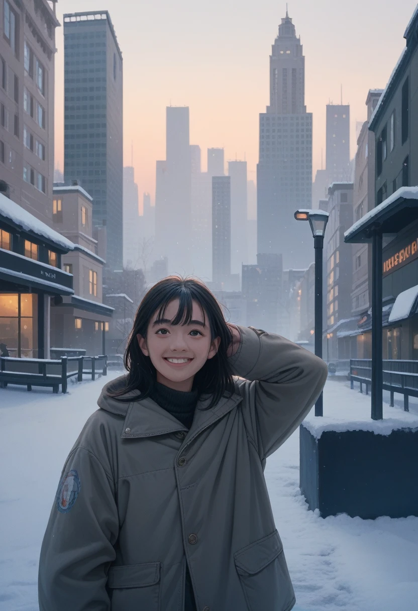 (morning), 1 Girl, solo, Looking at the audience, winter, Cowboy shooting, (city center), Cowboy shooting, Smile, Black Hair