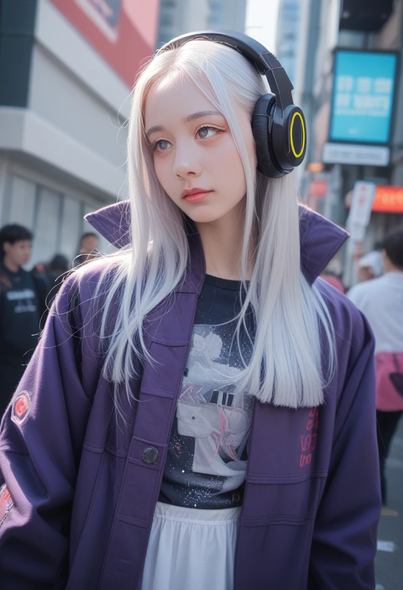 1 Girl, White hair, Long hair, A masterpiece of technical clothing, best quality, Practical, realism, Dark purple jacket, portrait, Delicate eyes, Put on your headphones, Platinum Hair, 21 year old girl, Fashion pose, Half Body, Wide-angle shooting, on the street, Cyberpunk