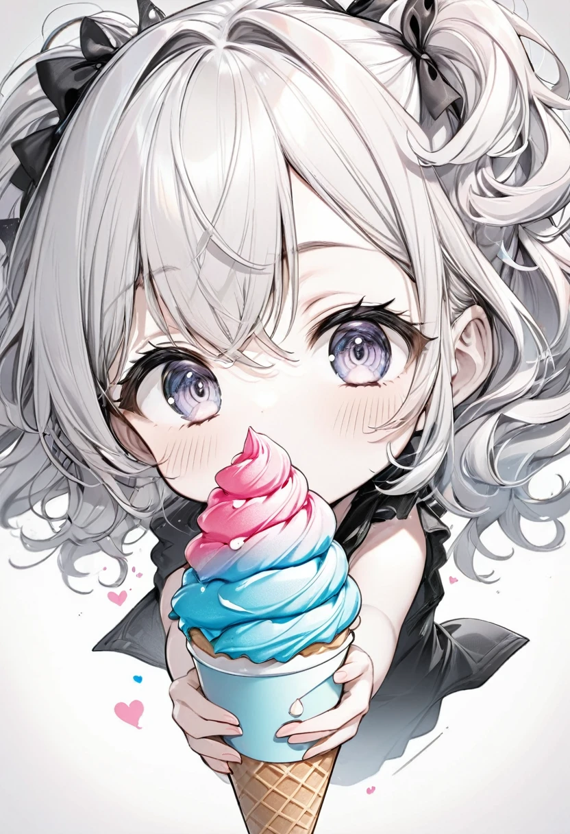 vivid color, colorful soft serve ice cream, background pastel color, BREAK (ultra detailed, absolutely resolution, best quality:1.3), monochrome, pencil sketch art, chibi, cute woman, amorous and lewd face, mouth half open, sighing, messy hair, great proportion, loose clothing, 2.5D, delicate and dynamic, shading effects, hyper realistic