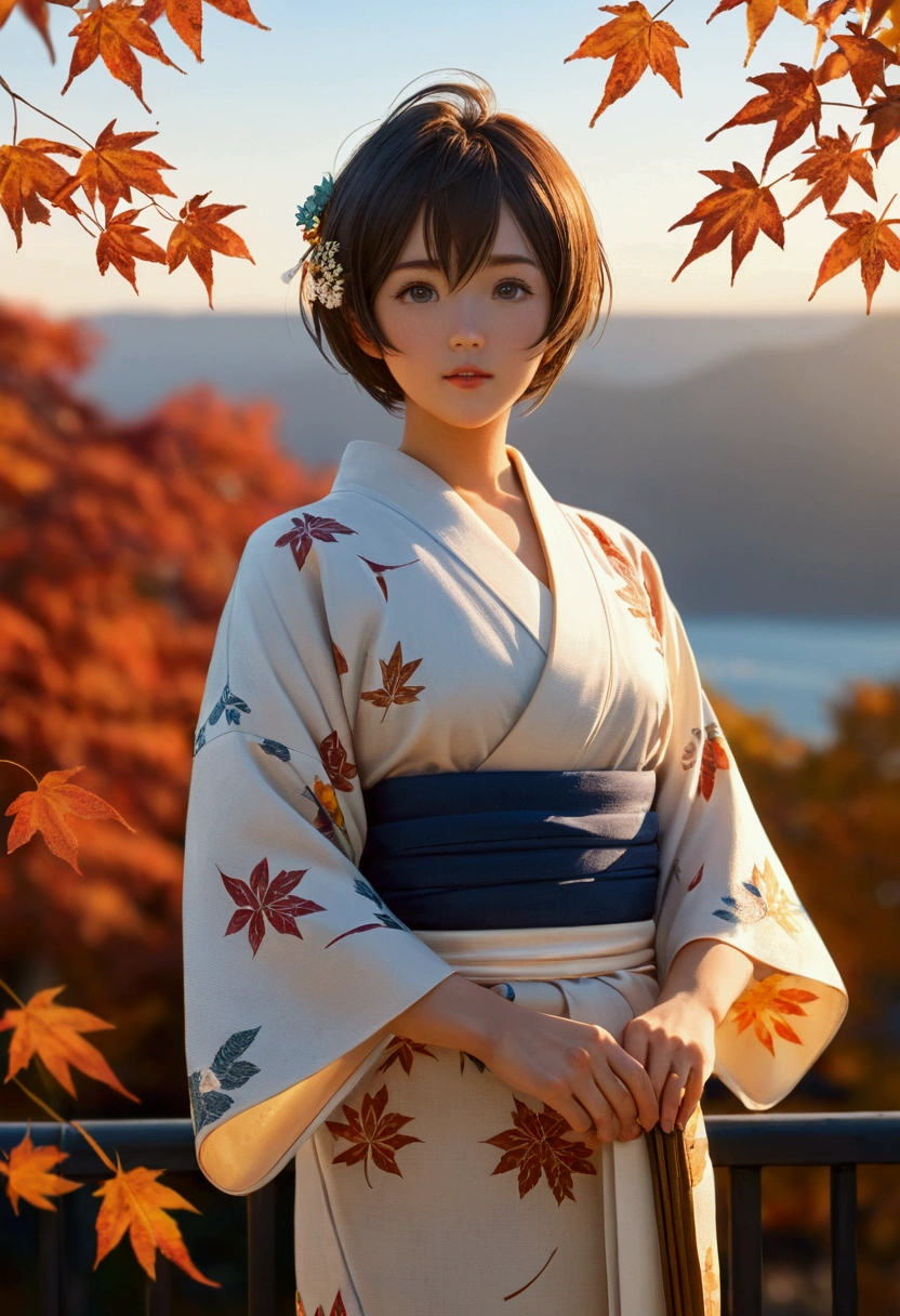 gorgeous,Perfect face、、magazine cover、(Women、Womenだけ),Perfect eyes、Vintage clothing、Retro Style、short hair、kimono、ファッションimitate、actor、imitate、Brand clothing、Makoto Shinkai&#39;s background、Sunset、Autumn leaves、Well-trained body、whole body,