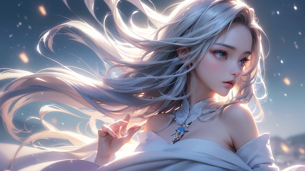 ((masterpiece:1.5、8k、Portraiture、フォトリアリスティックでVery detailedなCG、Very detailed、Particle Effects、Dynamic Effects、Shallow depth of field、Cinematic Light、Lens flare、Ray Tracing、Tabletop、Realistic:1.4、Ultra-high resolution:1.2、Realistic、Realistic))((alone、1 girl,A woman wearing a cashmere coat over an off-the-shoulder dress:1.4、Elegant woman posing、Look Up、Detailed face、bright表情、young, bright, Whiter skin、small breasts、Best Looks、Ultimate beauty、Shiny silver hair with highlights、bright and shiny hair,、Super long, Silky straight hair、Hair dancing in the wind))(morning、The setting is outdoors in the snow、Surrounded by illuminations)Wear warm clothes