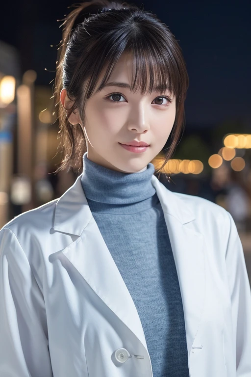 One Girl, (White coat, Light blue turtleneck:1.2), 
(RAW Photos, Highest quality), (Realistic, Photorealistic:1.4), Tabletop, 
Very delicate and beautiful, Very detailed, 2k wallpaper, wonderful, In detail, Very detailed CG Unity 8K 壁紙, Super detailed, High resolution, 
Soft Light, Beautiful detailed girl, Very detailed目と顔, Beautifully detailed nose, Beautiful attention to detail, Cinema Lighting, 
(Plein Air:1.3), Fountain at night, Reflection of light, 
 Perfect Anatomy, Slender body, small, 
Straight Short Hair, ponytail、bangs, A cool smile、