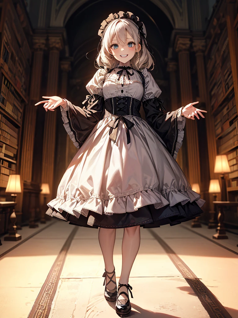 (Biologically correct limb count)、Full body, including face、4K、masterpiece、Focus on the face、Well-proportioned facial features、Delicate descriptive eyes、One beautiful woman、Excellent style、(White Gothic ta)、(Grin）、Looking down、Photos with white borders、Look away from the camera、National Library、walking