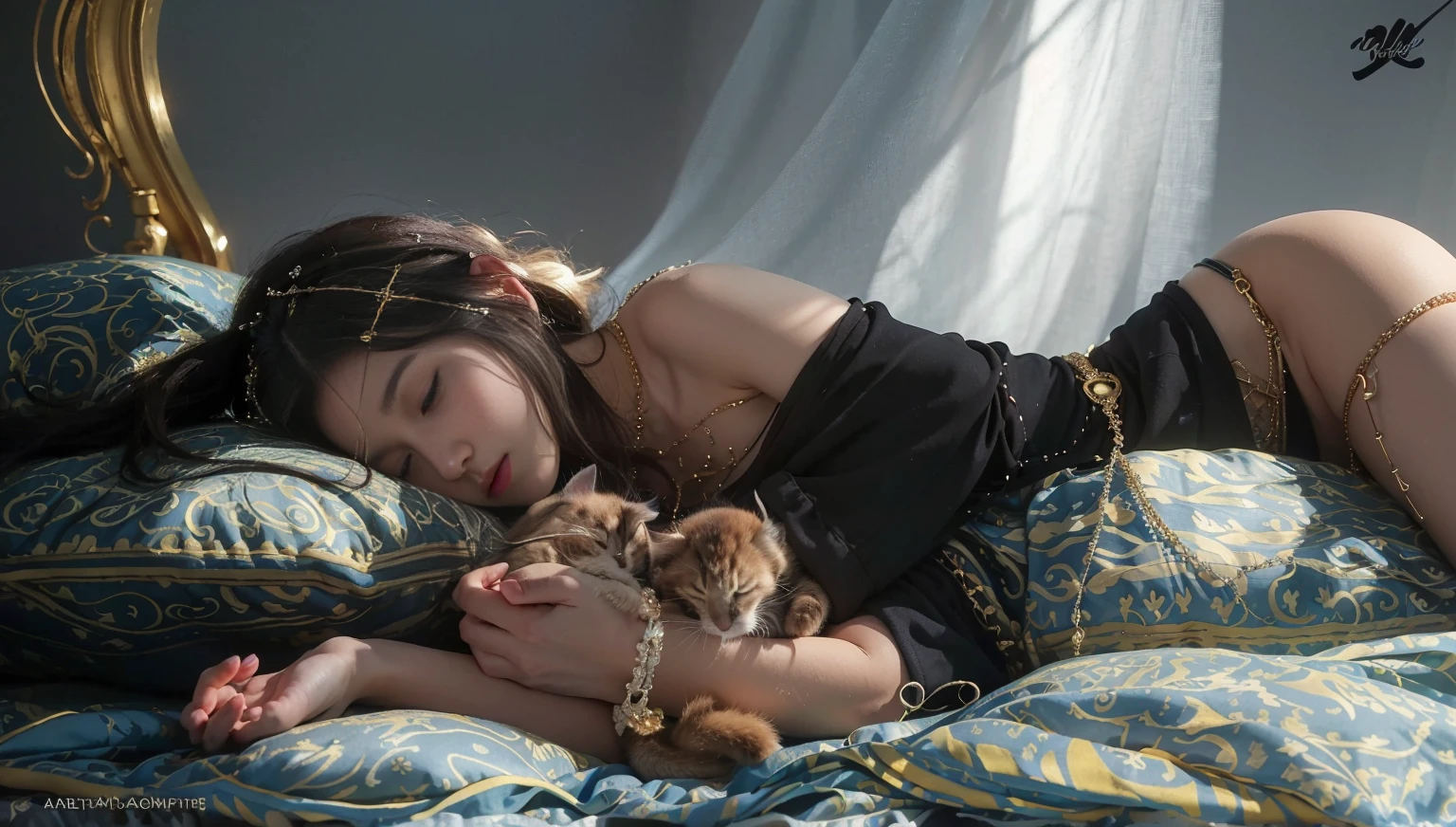 A serene digital painting of a young woman with long, flowing dark hair, peacefully sleeping on an ornate blue and gold patterned pillow. She wears a simple black dress, adorned with delicate chains that shimmer softly in the light. Two small, fluffy kittens are nestled close to her, adding a touch of warmth to the scene. The background features gentle, diffused lighting that creates a dreamy atmosphere, enhancing the tranquil mood of the composition. 