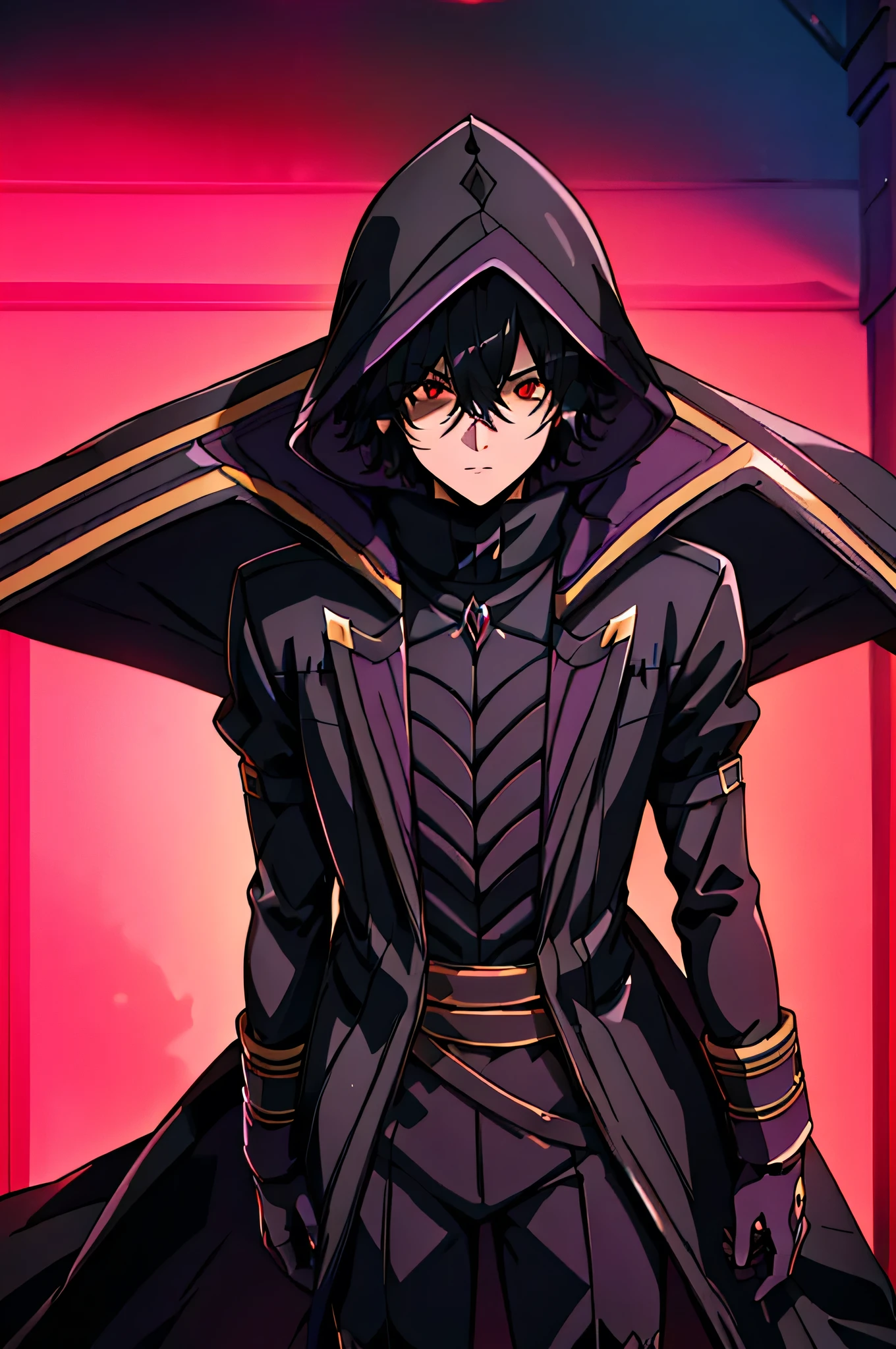 absurdres, (best quality), (masterpiece), (ultra detailed: 1.2), (photorealistic: 1.1), ultra high resolution, 1boy, black hair, hood, ground, hood up, red eyes, hair between eyes, short hair, black gloves, cape, long sleeves, coat, intricate detailed background, cinematic lighting, night, red moon, dark theme.