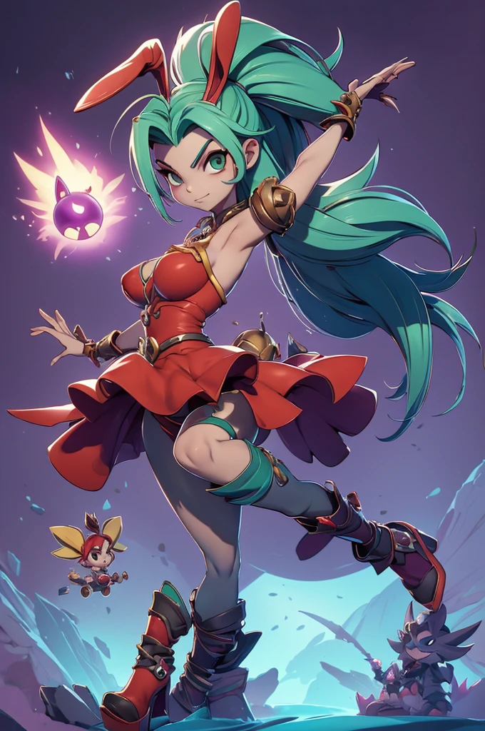 arvore estilo rayman legends, character estilo art rayman legends, girl and boy, corpo inteiro, ESTILO VIKING, acessórios gigantes,giant monster, big breats,Little bunny, (shorts),big breast, , sensuality, red dress