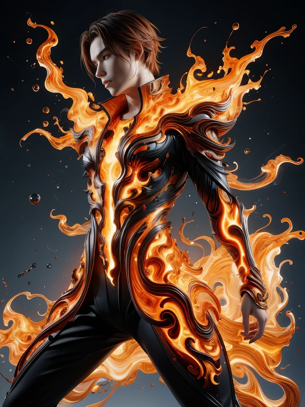 (high quality), (masterpiece), (detailed), 8K, Hyper-realistic illustration of (Japanese boy1.2) engulfed in (lava-inspired attire1.3), with (molten flames1.2) dancing across his (black pants1.2) and (flowing jacket1.2). (Glowing embers1.2) accentuate his (determined expression1.2), while (vibrant orange1.2) and (deep red1.2) hues illuminate his (athletic build1.2). In style of Takashi Murakami, trending on Saatchi Art.