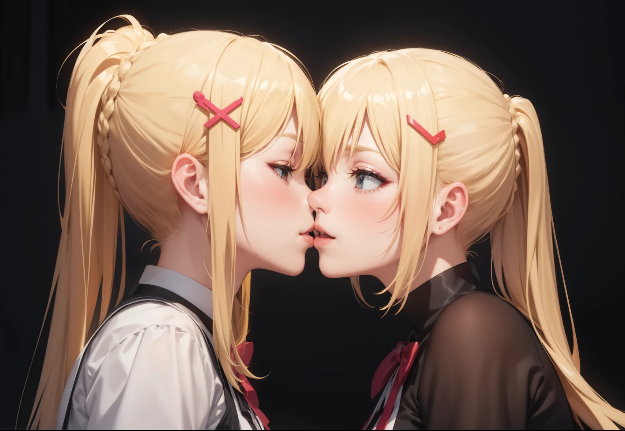 blonde hair, long hair with pony tail, hair ornament, a woman kissing, kissing together cutely, realistic!!, at pixiv, happy!!!, top rated on pixiv, [ 4 k digital art ]!!, けもの, kissing together, pixiv, zerochan, popular on pixiv, exciting illustration, pixiv 3dcg, rule 34, 