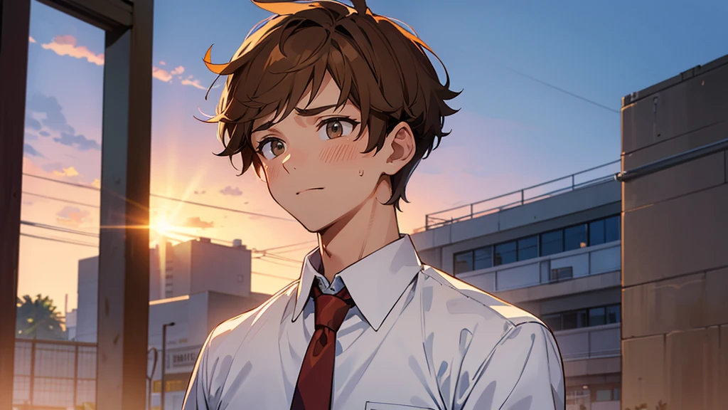 The background is the vacant lot behind the gymnasium illuminated by the summer sunset.、An upper body shot of a manly, handsome high school boy、The high school boy has light brown hair, his ears and face are dyed red, and he is looking at me with a very embarrassed expression.、He is wearing his summer uniform shirt and loose tie.