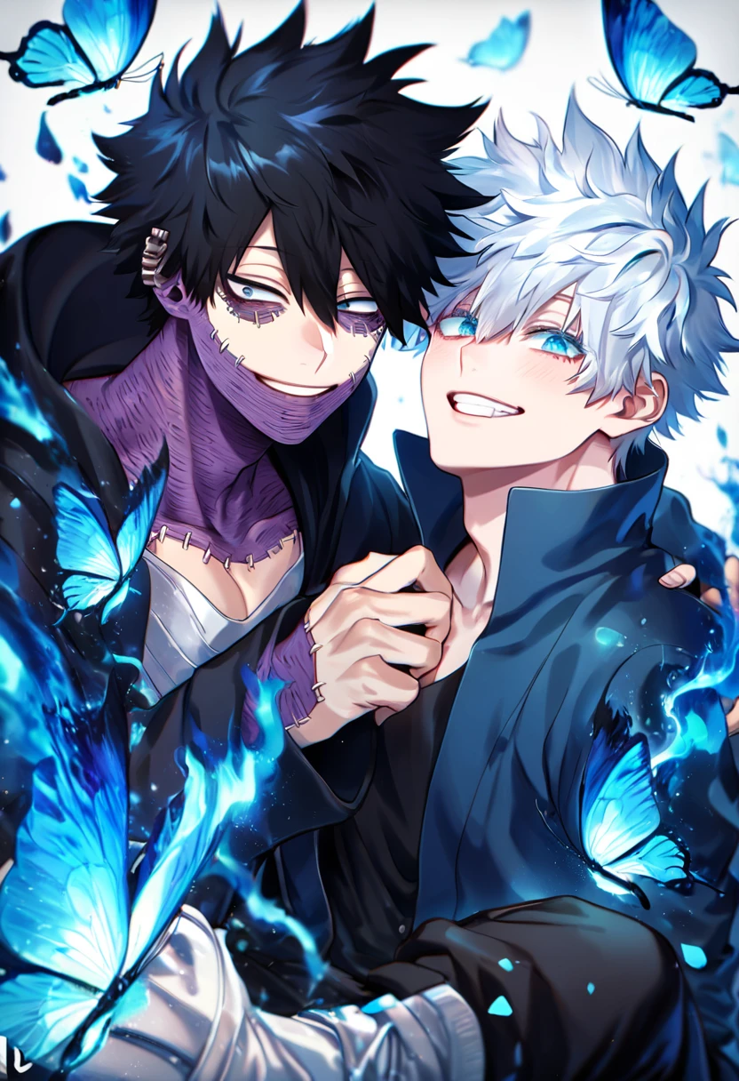 absurdres, highres, ultra detailed, HDR, master piece, best quality, extremely detailed face, delicated features, Dabi, black hair, expressive turquoise eyes, Boku No Hero Academia, Gojou Satoru, white hair, expressive blue eyes, white eyelashes, two boys together, yaoi, gay couple, small, cute, smiling, black coat, black pants, black boots, light-blue coat, white boots, fantasy, magical, blue fire butterflies, fire flowers, blue fire, blue flames